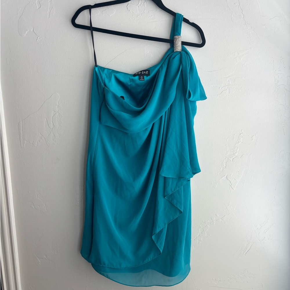 NWT DJ Jaz One Shoulder Teal Dress Size 14 Crystal Detail Formal Cocktail Dress